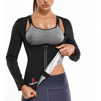 KUMAYES Sauna Suit for Women Sweat Body Shaper Jacket Hot Waist Trainer Long Sleeve Zipper Shirt Workout Top - BPJG7ZYEC