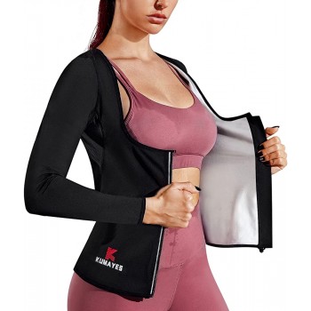 KUMAYES Sauna Suit for Women Sweat Vest Waist Trainer Jacket Zipper Long Sleeve Body Shaper Workout Shirt - BMEQ8D7RB