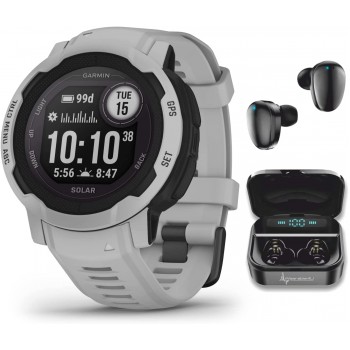 Garmin Instinct 2 Solar GPS Rugged Outdoor Smartwatch Mist Gray with Multi-GNSS Support with Wearable4U Black Earbuds Bundle - BKX1HY491