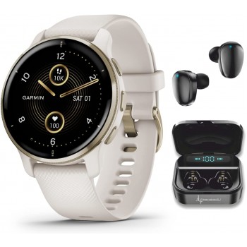 Garmin Venu 2 Plus GPS Multisport Smartwatch 1.7 in. with Call and Text Music Adv HM+FF Cream Gold Bezel with Ivory Case and Wearable4U Black Earbuds Bundle - BI8JO39VK