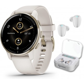 Garmin Venu 2 Plus GPS Multisport Smartwatch 33 mm with AMOLED Display Call and Text Music Adv HM+FF Cream Gold Bezel with Ivory Cas and Wearable4U White Earbuds Bundle - BQT1GP7RO
