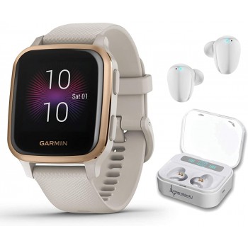 Garmin Venu Sq Music GPS Best Multisport Fitness Smartwatch Light Sand Rose Gold with Wearable4U White Earbuds with Charging E-Bank Case Bundle - BBEUI9936