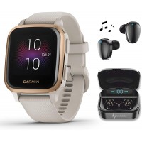 Garmin Venu Sq Music GPS Best Multisport Fitness Smartwatch Light Sand Rose Gold with Wearable4U Black Earbuds with Charging E-Bank Case Bundle - BDG8N5M1Y