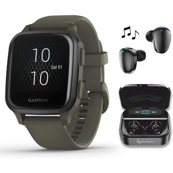 Garmin Venu Sq Music GPS Best Multisport Fitness Smartwatch Moss Slate with Wearable4U Black Earbuds with Charging E-Bank Case Bundle - BVEV2XAEV