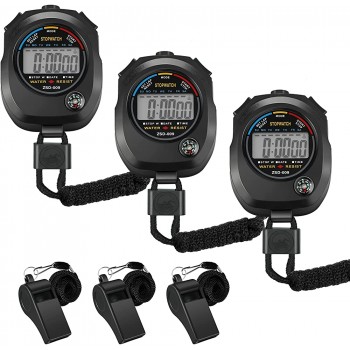 Frienda 3 Pieces Black Sport Stopwatch Digital Sports Stopwatch Timer Large Screen Interval Timers 3 Pieces Loud Sound Whistle Sports Whistle with Lanyard Black Loud Whistle for Athletes and Referee - B9SI2KEGM