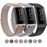 3 Pack Metal Bands for Fitbit Charge 4 & Charge 3 & Charge 3 SE Stainless Steel Magnetic Lock Replacement Bands for Charge 4 Women Men Small Large - BFEBGP1FT