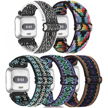 5 Pack Elastic Nylon Bands Compatible with Fitbit Versa Versa 2 Versa Lite Versa SE for Women Men Adjustable Breathable Fabric Sport Elastic Wristband for Fitbit Versa Smart Watch - BXW9QOPYP