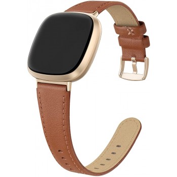 EDIMENS Leather Bands Compatible for Fitbit Versa 3 Fitbit Sense for Women Men Genuine Leather Bands Replacement Wristbands Straps Compatible with Versa 3 Sense Brown with Gold Buckle - B38313GGH