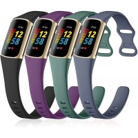 GEAK Compatible with Fitbit Charge 5 Bands for Women Men Soft Silicone Slim Sport Band Replacement Wristbands for Fitbit Charge 5 Fitness Tracker 4 Pack Black Plum Blue Gray Pine Green - BQBX9I7FT