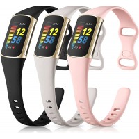 Maledan Slim Band Compatible with Fitbit Charge 5 Bands for Women Men Soft Silicone Adjustable Sport Band Replacement Wristbands for Fitbit Charge 5 Fitness Tracker 3 Pack Black Gray Pink - BZ4ZWTRYS