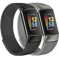 Tobfit Metal Band Compatible with Fitbit Charge 5 Bands for Women Men Magnetic Clasp Stainless Steel Mesh Loop Strap Black & Space Gray - BIEHE5JEJ