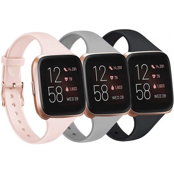 Tobfit Pack 3 Slim Bands Compatible with Fitbit Versa 2 Bands Fitbit Versa Fitbit Versa Lite SE Silicone Replacement Smartwatch Wristband for Women Men Small Black Gray Pink Sand - BZWPHKT8K