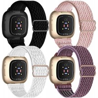 UHKZ 4 Pack Elastic Nylon Bands Compatible with Fitbit Versa 3 Fitbit Sense,Adjustable Stretchy Fabric Sport Band for Fitbit Versa Smart Watch for Women Men,Black Rose Pink White Smokey Mauve - BVTDDJZMP
