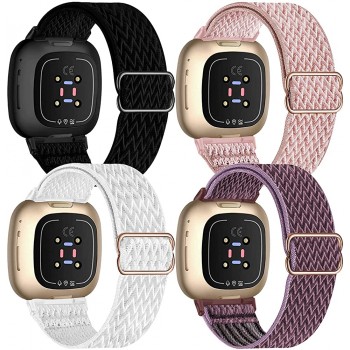 UHKZ 4 Pack Elastic Nylon Bands Compatible with Fitbit Versa 3 Fitbit Sense,Adjustable Stretchy Fabric Sport Band for Fitbit Versa Smart Watch for Women Men,Black Rose Pink White Smokey Mauve - BVTDDJZMP