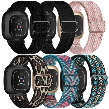 UHKZ 6 Pack Stretchy Nylon Bands Compatible with Fitbit Versa 3 Fitbit Sense for Women Men,Adjustable Breathable Fabric Sport Elastic Wristband for Fitbit Versa Smart Watch - BGXNAM5Y9