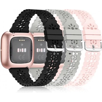 YAXIN 3 Pack Slim Sport Bands Compatible with Fitbit Versa Fitbit Versa 2 Fitbit Versa Lite Band for Women,Soft Silicone Lace Replacement Wristbands for Fitbit Versa Smart Watch,Black Pink Sand Gray - BX658LGR1