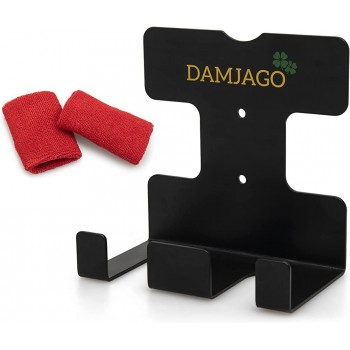 DAMJAGO Double Olympic Wall Mount Barbell Holder – Heavy-Duty Vertical Strong 3mm Iron Ideal for Commercial or Home Gym Storage Perfect Fitness Accessory Complete with Red Wrist Sweat Band - BPCIIPRRQ