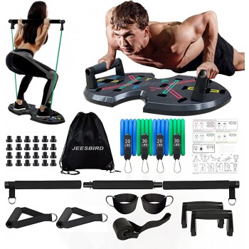 JEESBIRD Push Up Board Portable Home Gym Workout Equipment with 12 Exercise Accessories,Push Up Bar,Elastic Resistance Bands,Collapsible Fitness Bar and More for Full Body Workouts System - BGD1PTVGV