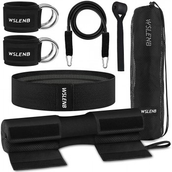 WSLENB Barbell Squat Pad for Standard Set Barbell Pad for Hip Thrusts 2 Gym Ankle Straps Resistance Bands Set Workout Equipment for Home Workouts for Men Women with Carry Bag - B73PVJ17D