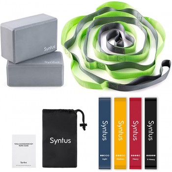Syntus 9-in-1 Yoga Set 1 Yoga Strap with 12 Loops 2 EVA Foam Soft Non-Slip Yoga Blocks 9×6×4 inches,4 Resistance Bands with Instruction Book for Yoga Pilates Stretchings - B48IGPUTE
