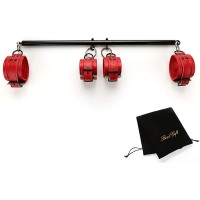 exreizst Adjustable Black Spreader Bar and 4 Premium Soft Red Leather Straps Expandable Sports Exercise Training Set - BO6FYRSFI