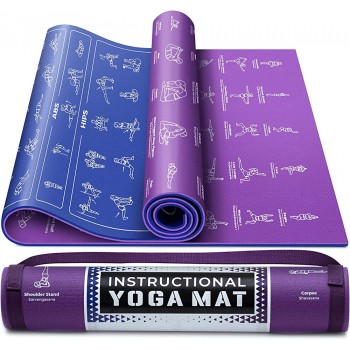 Instructional Yoga Mat with Poses Printed On It & Carrying Strap 75 Illustrated Yoga Poses & 75 Stretches Cute Yoga Mat For Women and Men Non-Slip 1 4 Extra-Thick Yoga Mat For Beginners - B2DCFHHRC