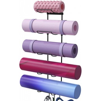 Meykwod Yoga Mat Holder Wall Mount Yoga Mat Storage Rack with 3 Hooks for Hanging Yoga Strap Resistance Bands 5 Sectional - BGCMV0MJ8