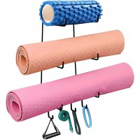 Yoga Mat Holder Wall Mount Yoga Mat Rack Storage Home Gym Accessories With 4 Hooks for Hanging Yoga Strap and Foam Roller Resistance Bands at Fitness Class or Home Gym - BK3NWL5E3