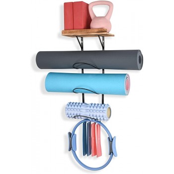 Yoga Mat Holder Wall Mount,Yoga Mat Storage Rack,Yoga Mat Organizer with Wooden Floating Shelves and 4 Hooks For Home Gym Decor Foam Roller Resistant Bands Yoga Accessories and Gym Equipment - BVNFXR5YP