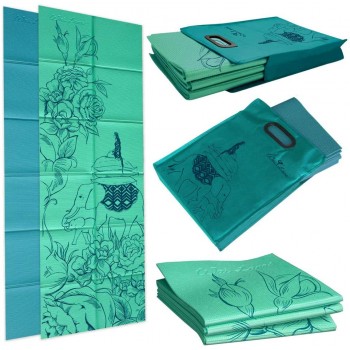 Folding Yoga Mat Thickness: 4mm; Folded Size: 29cm x 30.5 cm x 5cm and Tote – Mat Design: Wandering Elephants – Color: Azure Green – Eco-Friendly PVC Mat Wai Lana - B1X9QJRGE
