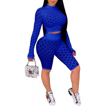 2 Piece Outfits for Women Sexy Clubwear- Hollow Out See Through Short Sleeve Tops + Skinny Shorts Set Jumpsuit - BBCOEVX48