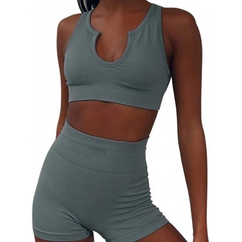 HCKG Womens 2 Piece Workout Sets Ribbed Crop Tops and Seamless High Wasit Yoga Shorts Set Active Wear Outfits - B224KBNPJ