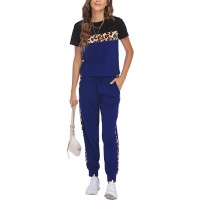 HOTOUCH Womens Casual Two Piece Outfit Colorblock Leopard Short Sleeve Long Pants Tracksuit Lounge Jogger Sets - B6OG7DYSG