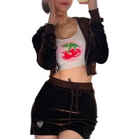 MISSACTIVER Women’s Velour Full Zip Sweatsuits 2 Outfit Set Broken Heart Print 2 Piece Sets Top & Skirt Tracksuit - BZME2TL4F