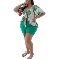 Plus Size 2 Piece Outfits for Women Summer Boho Ruffle Crop Top Shorts Set Floral Print Beach Cover Up - BZ30QFVNZ