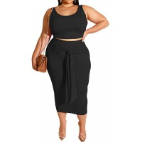 Plus Size Women 2 Piece Outfits Sets Sexy Tracksuit Midi Dress,Sleeveless Tank Top Bodycon Skirts Set Casual Summer - B0IDFC278