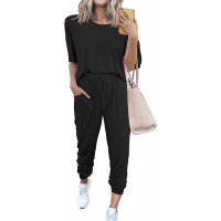 PRETTYGARDEN Women's Two Piece Outfit Short Sleeve Pullover with Drawstring Long Pants Tracksuit Jogger Set - BQG9805L4