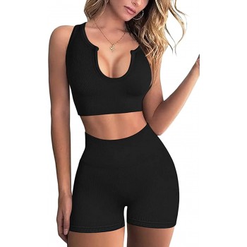 Summer Workout Outfits for Women 2 Piece Casual Ribbed Seamless Crop Tank High Waist Yoga Leggings Sets - BAHO775MP