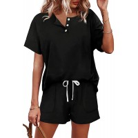 WIHOLL Two Piece Outfits for Women Lounge Sets Button Down Top and Shorts Set Sweatsuits with Pockets - BGDM44ZBG