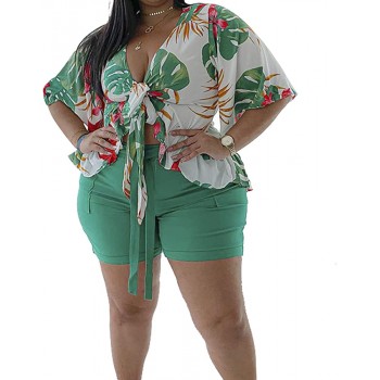 Women Plus Size Two Piece Outfits Crop Top Shorts Set Floral Print Top Beach Tracksuits Shorts With Pockets - B164WNL8B