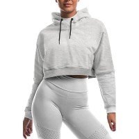 Women's Crop Top Hoodie Workout Long Sleeve Casual Cute Pullover Cropped Sweatshirt Loose Solid Drawstring Top - BX3YT0D5Y