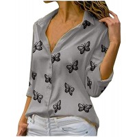 Fastbot Women's Casual T Shirt V Neck Long Sleeve Button Butterfly Printed Pullover Loose Fit Cute Blouse Top - BIZZB51QU
