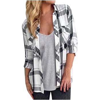 TUNUSKAT Womens Colorful Plaid Shirt Casual Long Sleeve Button Up Blouses Cardigan With Pocket Loose Lapel Tops Outwear - BV2NL5GWU