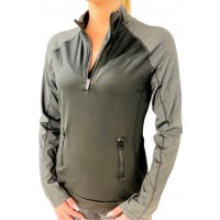 LaaTeeDa Long Sleeve Women’s Golf Pull Over Shirt with Zip Front and High Stand Up Collar Black and Grey - B342RF5VH