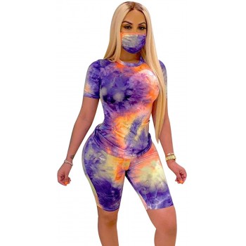 2 Piece Shorts Set for Women Tracksuit Tie Dye Short Sleeve Top and Shorts Lounge Wear Outfits - BJNIIOLEA