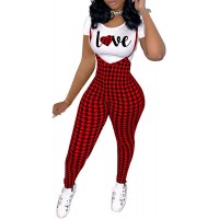 ksotutm Womens Two Piece Letter Print Top and Overalls Shorts Houndstooth Lattice Tracksuit Sweatsuits Jumpsuit Set - B9P6XX2JX