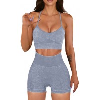 OQQ Workout Outfit for Women 2 Piece Seamless Acid Wash High Waist Shorts With Sports Bra Exercise Set - BEW36QNWA