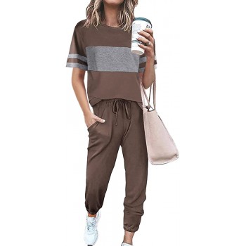 PRETTYGARDEN Women's 2 Piece Tracksuit Sets Casual Striped Crewneck Short Sleeve Tops Long Pants Outfits Loungewear - BPCO9HVAW