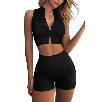 QINSEN Gym 2 Piece Yoga Sets for Women Zip Up Crop Tops Ribbed High Waist Booty Shorts Exercise Workout Outfits - BDE1Q20AQ