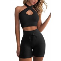 QINSEN Workout Sets for Women 2 Piece Seamless Ribbed High Waist Shorts with Spor Bra GMY Exercise Outfits - BVVXSUTSF